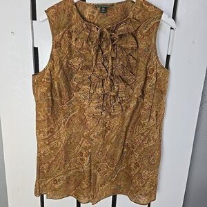 LRL Ralph Lauren Ruffled Paisley Blouse Top 16W Brown Equestrian Workwear‎